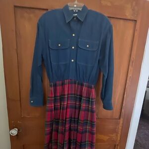 Vintage Joan Leslie Blue Red Plaid Chambray Long Sleeves Shirtwaist Dress Size 4